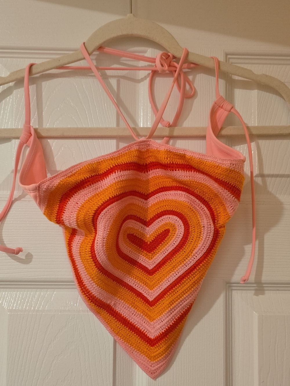 Pink & Orange Heart Crochet One-Piece Top With Built In Bandeau Bra